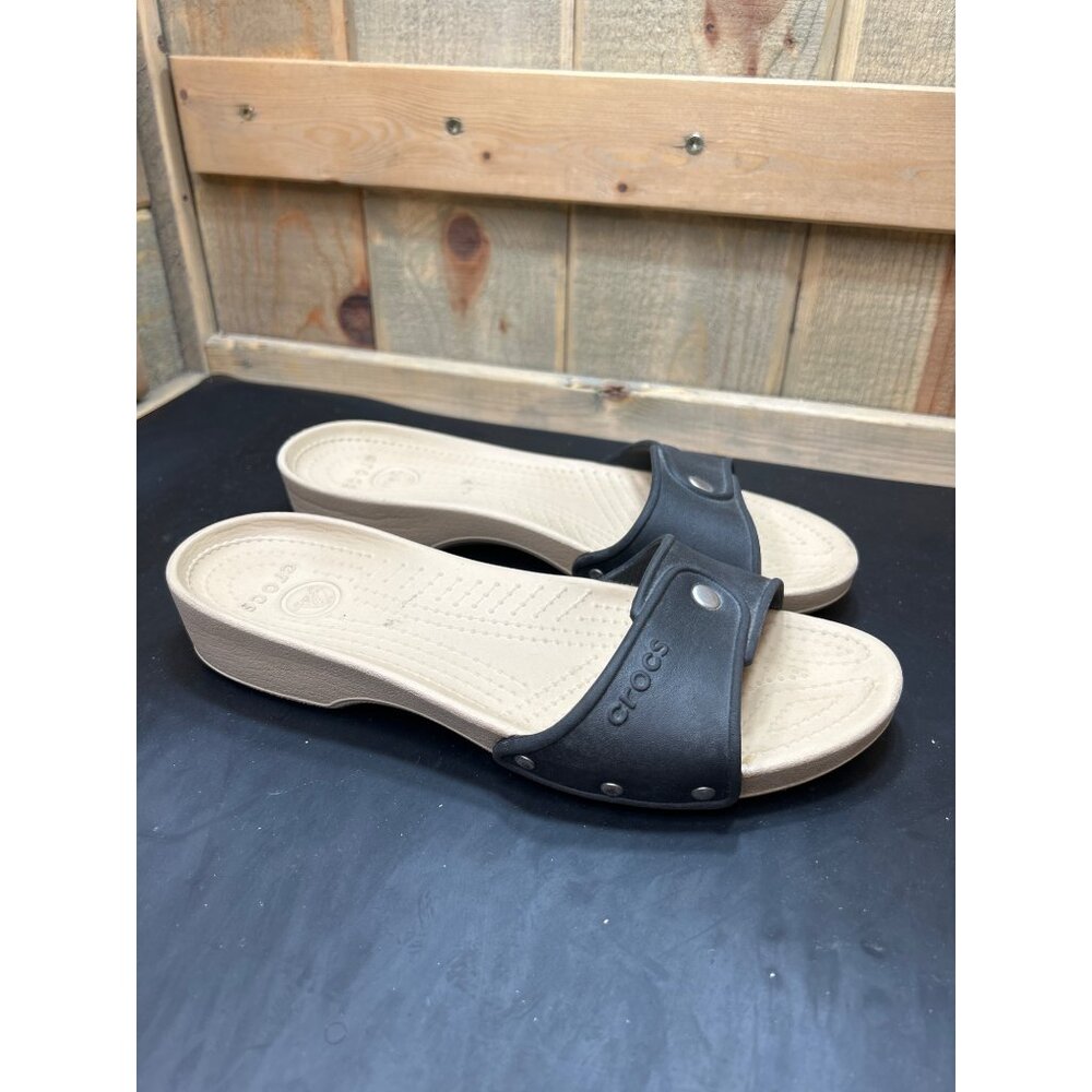 Crocs Womens Black & Beige Slide Sandals Size 8 Lightweight Casual Comfortable